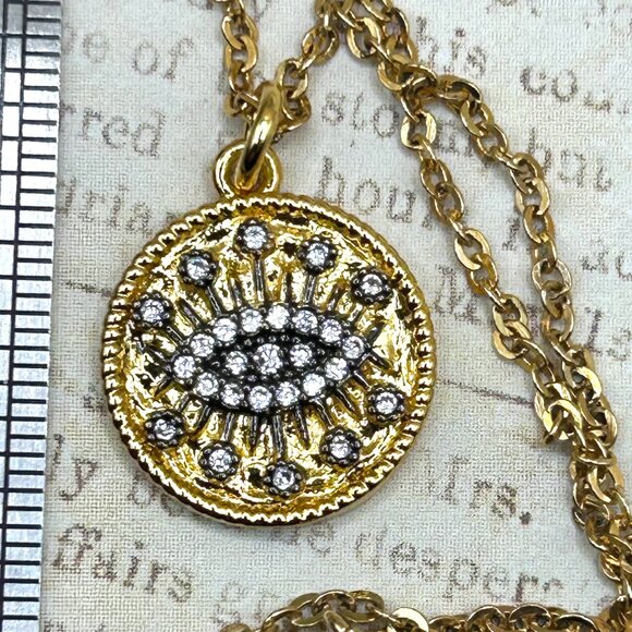 Yellow Gold Plated Evil Eye Symbol Pendant Charm Necklace With Clear Stones - Picture 4 of 9